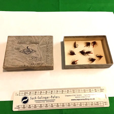 Vintage fishing flies Allcocks box 8 Inc.tandem fly 19.4.1937 vintage flies old