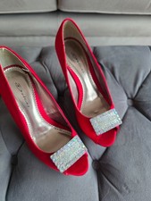 red satin peep toe shoes