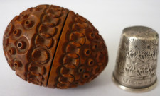 Antique Carved Small Coquilla Nut Thimble Holder & Charles Horner Silver Thimble