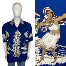 MAMBO LOUD SHIRTS Vintage 90s Hula Girl Shirt L Tiki Hawaiian Floral Rockabilly