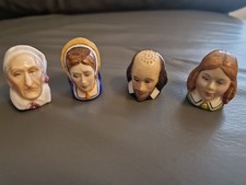 4 Vintage Hand Painted Staffordshire Character Thimbles. Scrooge, Shakespeare