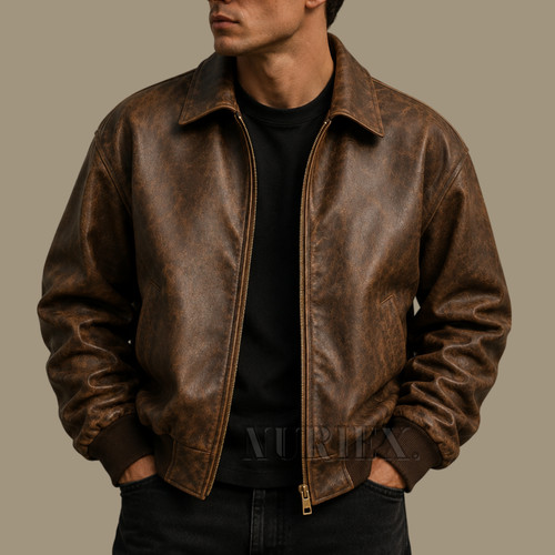 Men brown oversized leather - oversized,