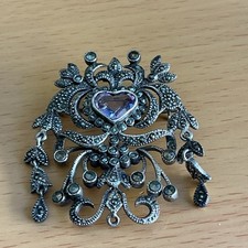 Vintage 925 Silver marcasite and amethyst Heart Design Brooch/12g  . 