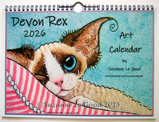 Devon Rex cat 2026 calendar art painting original design by Suzanne Le Good