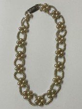 VINTAGE WOVEN SIMULATED PEARL CHOKER NECKLACE WITH MARCASITE & 835 SILVER CLASP