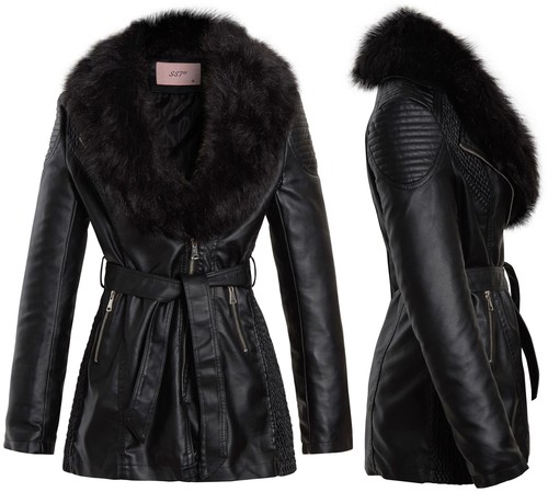 Womens faux leather biker coat - leather,