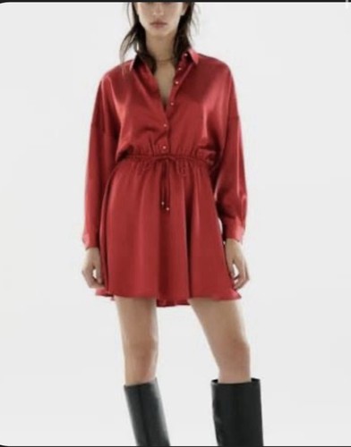 Zara red satin shirt dress - red,