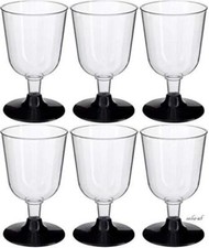 10 x PLASTIC PARTY WINE GLASSES - BLACK BASE - 155ml
