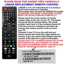 LINSAR TV REMOTE CONTROL A REPLACEMENT THAT WORKS MANY LINSAR LCD/LED TVs