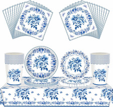 69Pcs Chinese Blue and White Theme Floral Party Tableware Set,Chinoiserie 7Inch 