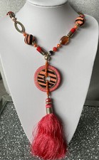 Deep Coral Longline Statement Lagenlook Beaded Tassel Necklace BNWT C2