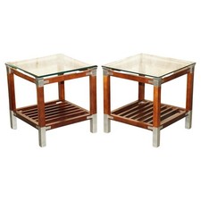 PAIR OF VINTAGE PIERRE VANDEL PARIS MAHOGANY PEWTER & GLASS SIDE LAMP END TABLES
