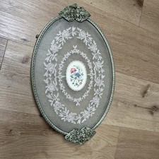Petit Point Embroidery Lace Dressing Table Tray Oval Filigree Vintage Footed