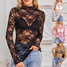 SEXY Ladies Long Sleeve See Through Tops Lace Womens Shirts Blouse Tee Tunic UK