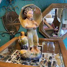 Large Chalkware Art Deco Boy Umbrella vintage Figure 1930s Painted