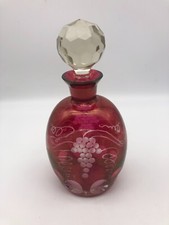 Victorian Cranberry glass decanter with Grape Motif etching