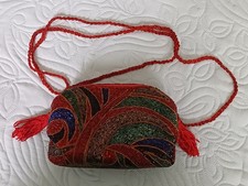 VIntage Red + Multi Colour Heavily Beaded zip top Shoulder Bag - never used
