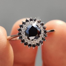 Round Cut Black Diamond Halo Bridal Wedding Engagement Ring 14K White Gold Over
