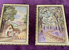 VINTAGE TWO ANTIQUE MINIATURE FRAMED  TAPESTRIES DENMARK COTTAGE WOODLAND GOOD