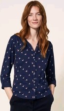 White Stuff UK 10 Annie Cotton Jersey Shirt Blue Abstract Bird Pattern Roll Tab