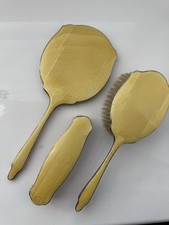 Lovely Art Deco Solid Silver & Yellow GUILLOCHE Enamel Dressing Table Set