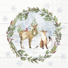 4 x Paper Napkins/33cm/3Ply/Decoupage/Christmas/Woodland Animals in Wreath