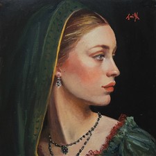 Gothic style portrait blonde woman oil painting, 8x8 inches.