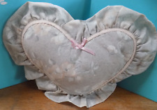 Vintage CUSHION Cotton Heart Shape Grey Floral Pink Ribbon Trim 14 x 18ins