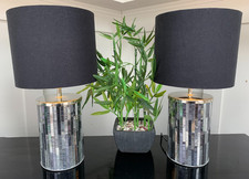 PAIR OF CONTEMPORARY MIRROR MOSAIC BEDSIDE TABLE LAMPS BLACK FABRIC SHADES 17.5"