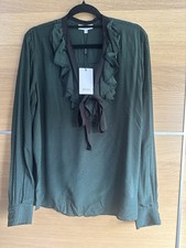 Reiss Size 10 Green Black Long Sleeve Blouse Shirt Textured Bow Detail Silk BA3