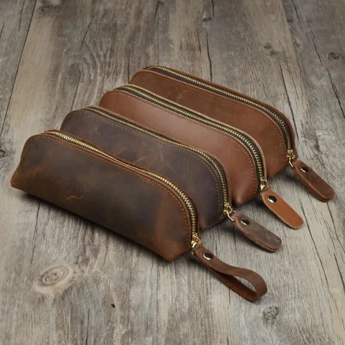 Vintage leather zipper pencil - leather,