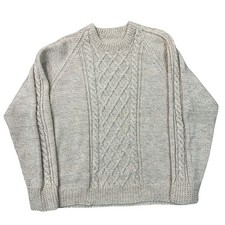 Vintage Aran Hand Knit Jumper 100% Wool Fishermans Sweater Beige Mens XL