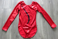 A STAR LONG SLEEVED RED BLACK SHINY GYMNASTICS LEOTARD XS AXS ADULTS 14 15 YEARS