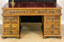 Large Antique Style Solid Oak Twin Pedestal Partners Leather Top Writing Desk