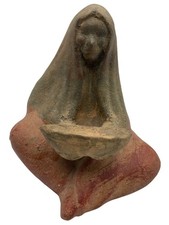 Handcrafted Pottery Woman With Bowl Figurine Painted Red & Green