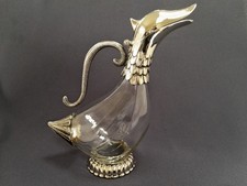 1970s SUPERB VINTAGE FRENCH SILEA SILVER PLATE/RIBBED GLASS DUCK SHAPE DECANTER