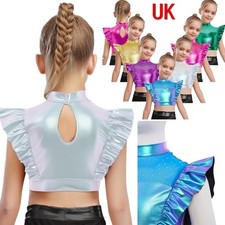 UK Girls Crop Tops Shiny Metallic Ruffle Sleeve Jazz Hip Hop Dance Top Dancewear