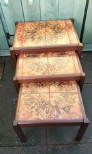 Vintage Danish Teak Tile Top Nesting Tables X3 Orange And Green And Brown 60s