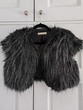 Funky Grey Black Faux-Fur Fluffy Shrug Cropped Waistcoat Size M VGC