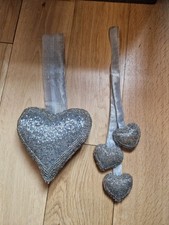 Set Of 2 Silver Hanging Heart Decorations Wall Ornaments Sparkly