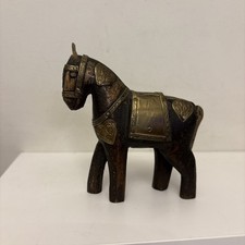 Vintage Hand Carved Small Wooden Armoured Horse Brass & Copper Detailing