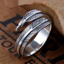 925 Sterling Silver Plated Leaf/Feather Ring Adjustable Finger Thumb Band UK+Bag