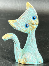 Cat Figurine Vedigris Brass with Blue / Black Stone Eyes 6cm 2 1/4 inches tall.