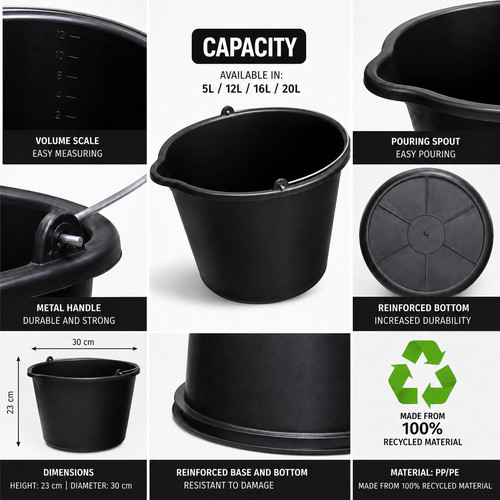 Plastic bucket black heavy - plastic,