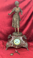 Nice Small French Antique Japy Freres Red Marble Mantle Clock With Lady Figure