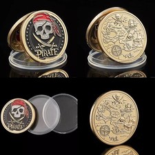 PIRATE TREASURE COIN, GOLD TREASURE MAP COMMEMORATIVE SKULL COIN, WITH CAPSULE