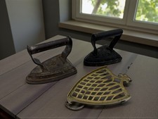 Cast Iron Vintage Collectable Flat Irons and brass stand