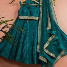 New Indian Designer Teal Green Raw Silk Stonework Lehenga Skirt Only