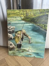 Vintage Unique Oil Painting Fisherman Fly Fishing 1971 Signed A R THOMPSON
