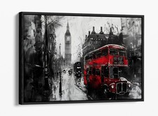 BLACK & WHITE LONDON STREET WITH RED BUS FLOAT EFFECT FRAME CANVAS ART PIC PRINT